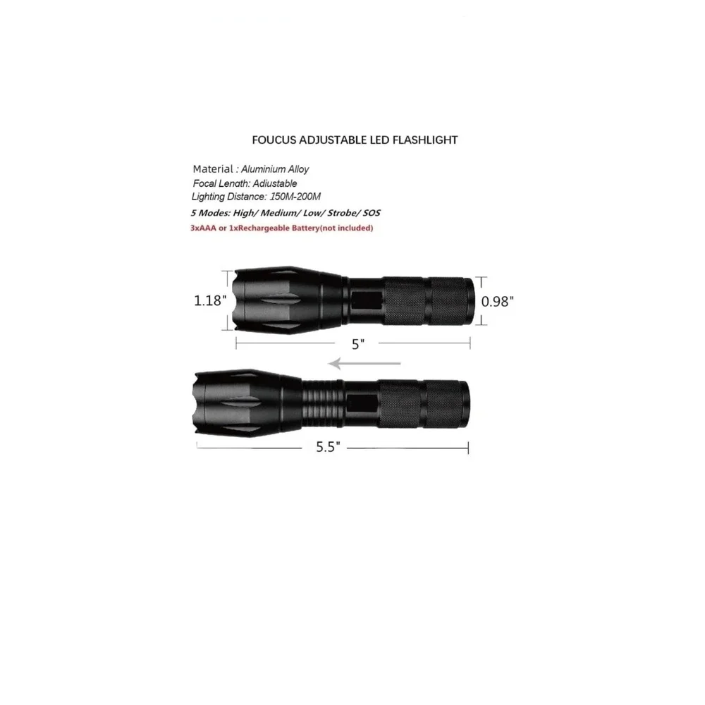 Tactile Flashlight 800 Lumen, Zoom 1x-2000x, Shock‎ Proof, 5 Modes, Strobe, SOS